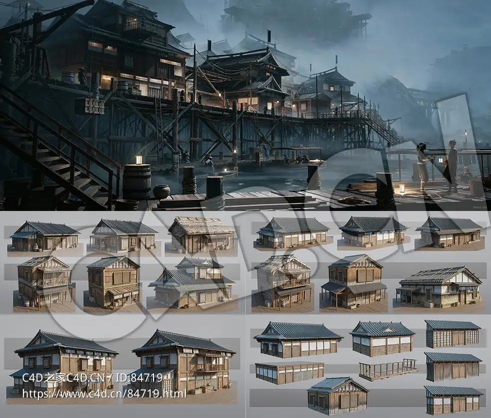 复古中式日式实木结构房屋建筑道具元素c4d/blend模型下载Japanese Village Kitbash