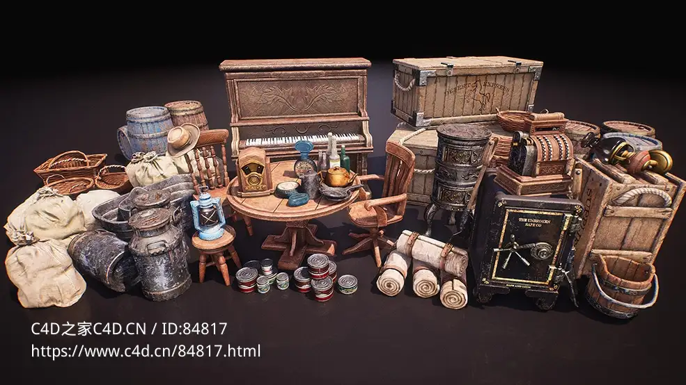 复古西方生活用品道具模型箱子钢琴桌椅木桶Western Props Pack