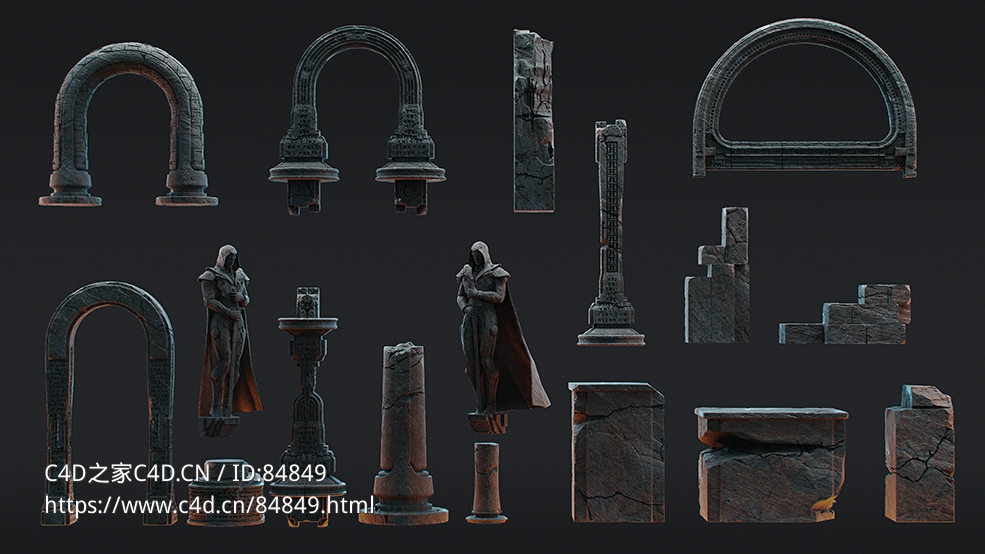 38组奇幻风格砖墙建筑3D模型 Fantasy architecture KITBASH