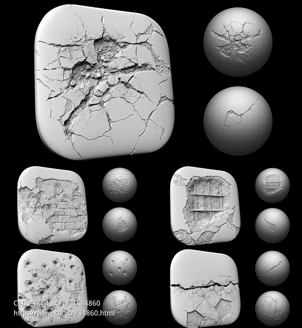 72个破损裂纹深度贴图素材 Artstation – Cracks And Damages 4K Brushes and Alpha Pack