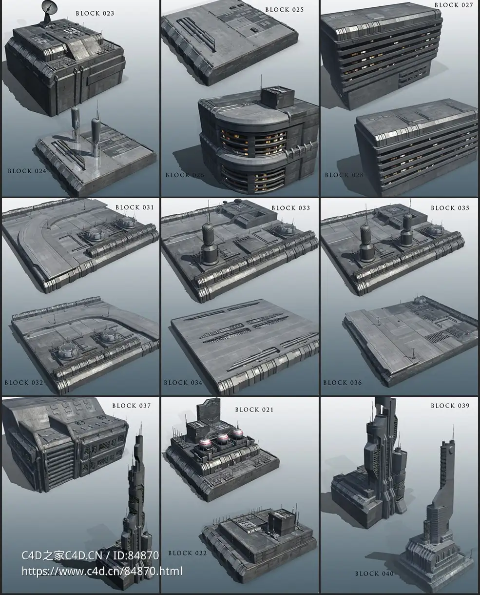 20个外星未来科幻基地街区建筑模块c4d免费模型预设greeble city blocks vol 02.lib4d