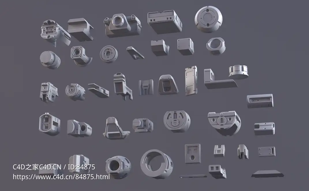 40个科幻机械零件抽象硬面对象c4d模型套件免费下载3D Kitbash Set Vol 2: 40 Sci-Fi Assets