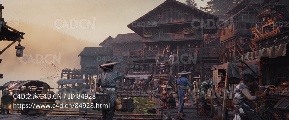 大型精美中国风渔村渔夫木屋木船打鱼人物角色村庄建筑生活元素3D模型 BigMediumSmall – Water Village