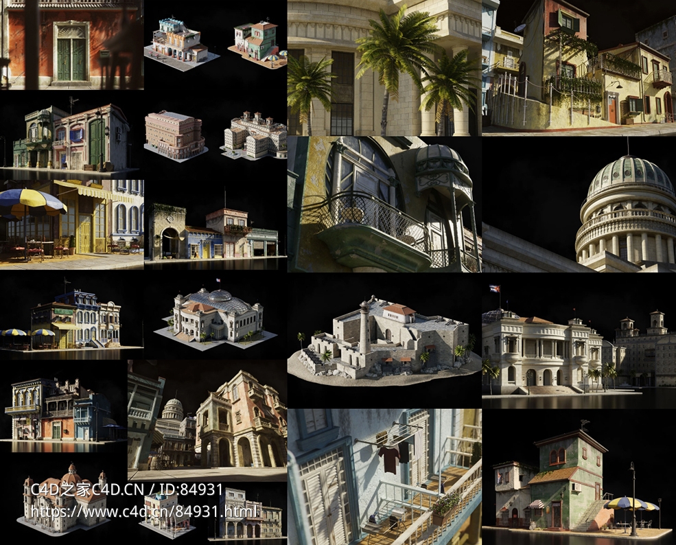 北美洲古巴哈瓦那新古典主义巴洛克风格城市建筑c4d模型合集Kitbash3D – Havana Nights