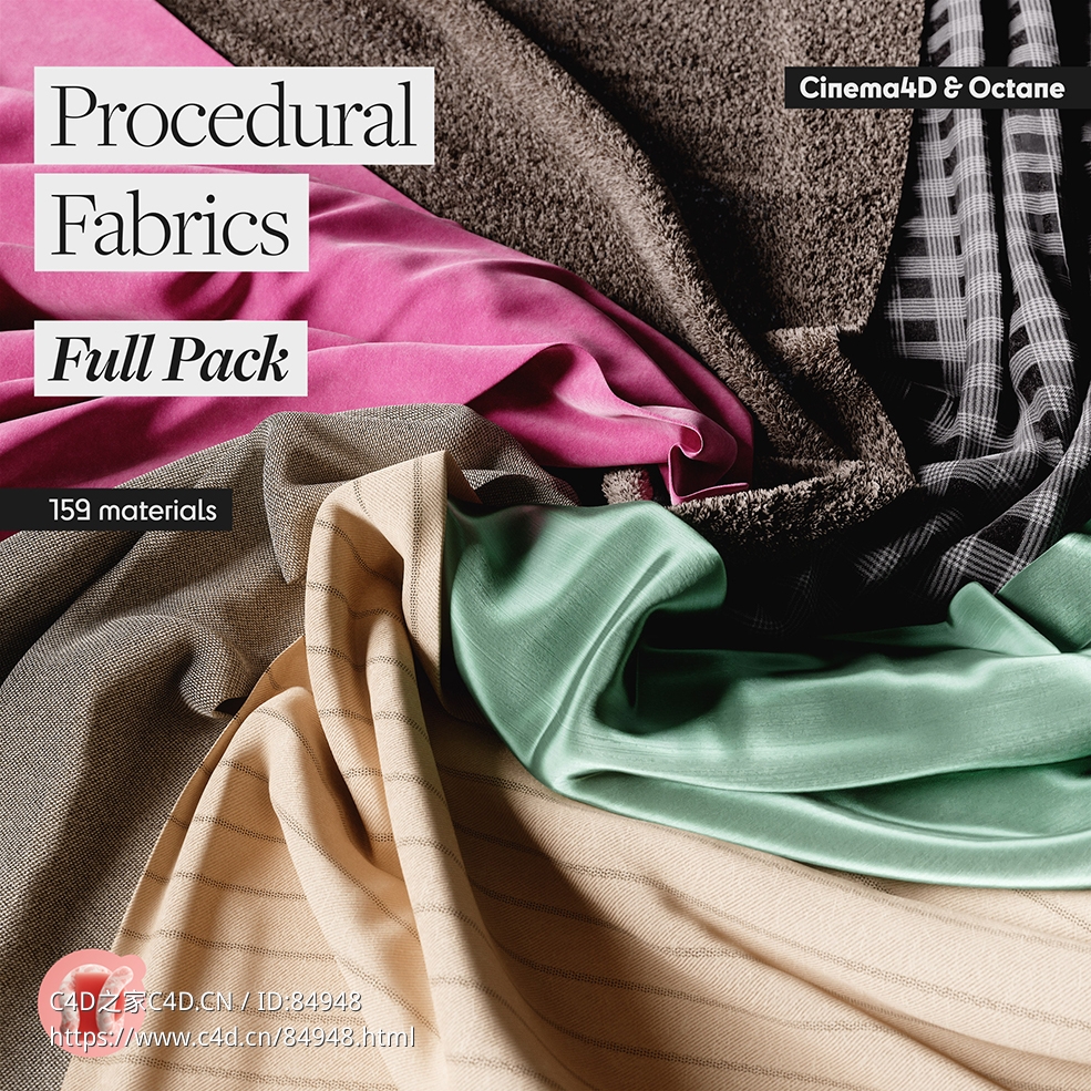 159种真实布料程序化OC织物布料纹理Octane材质球预设NP Procedural Fabrics (Full Pack)