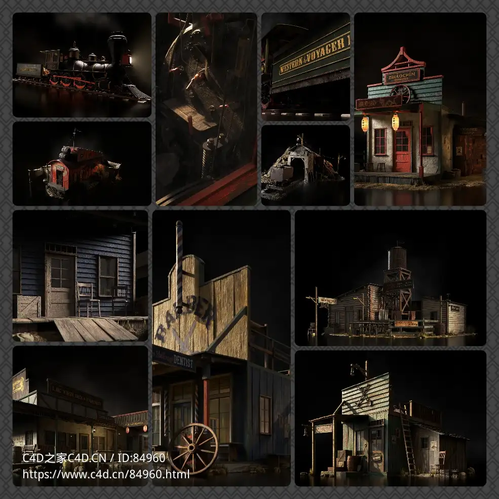 西部荒野小镇中世纪仓库复古破旧木屋房屋建筑3D模型KitBash3D - Outlaw