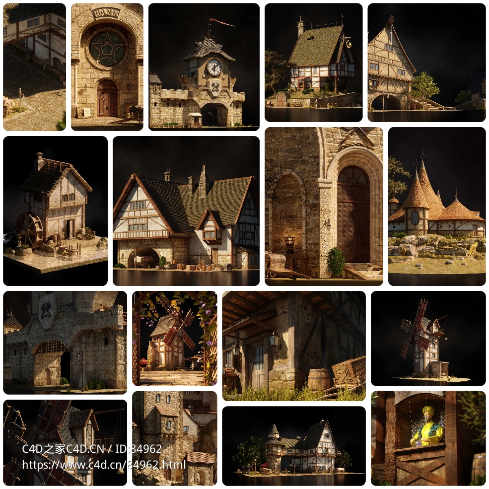 32GB神秘魔法小镇童话村庄房屋楼房建筑3D模型KitBash3D - Enchante