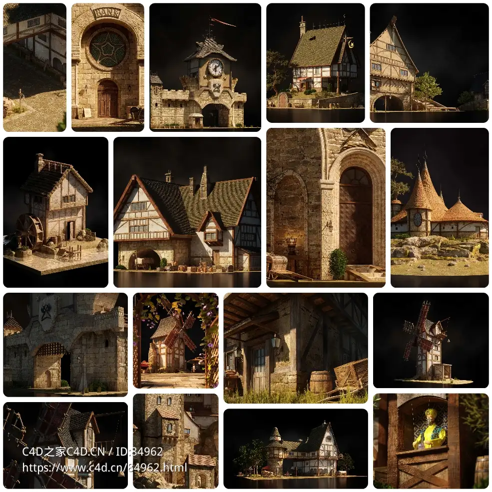 32GB神秘魔法小镇童话村庄房屋楼房建筑3D模型KitBash3D - Enchante