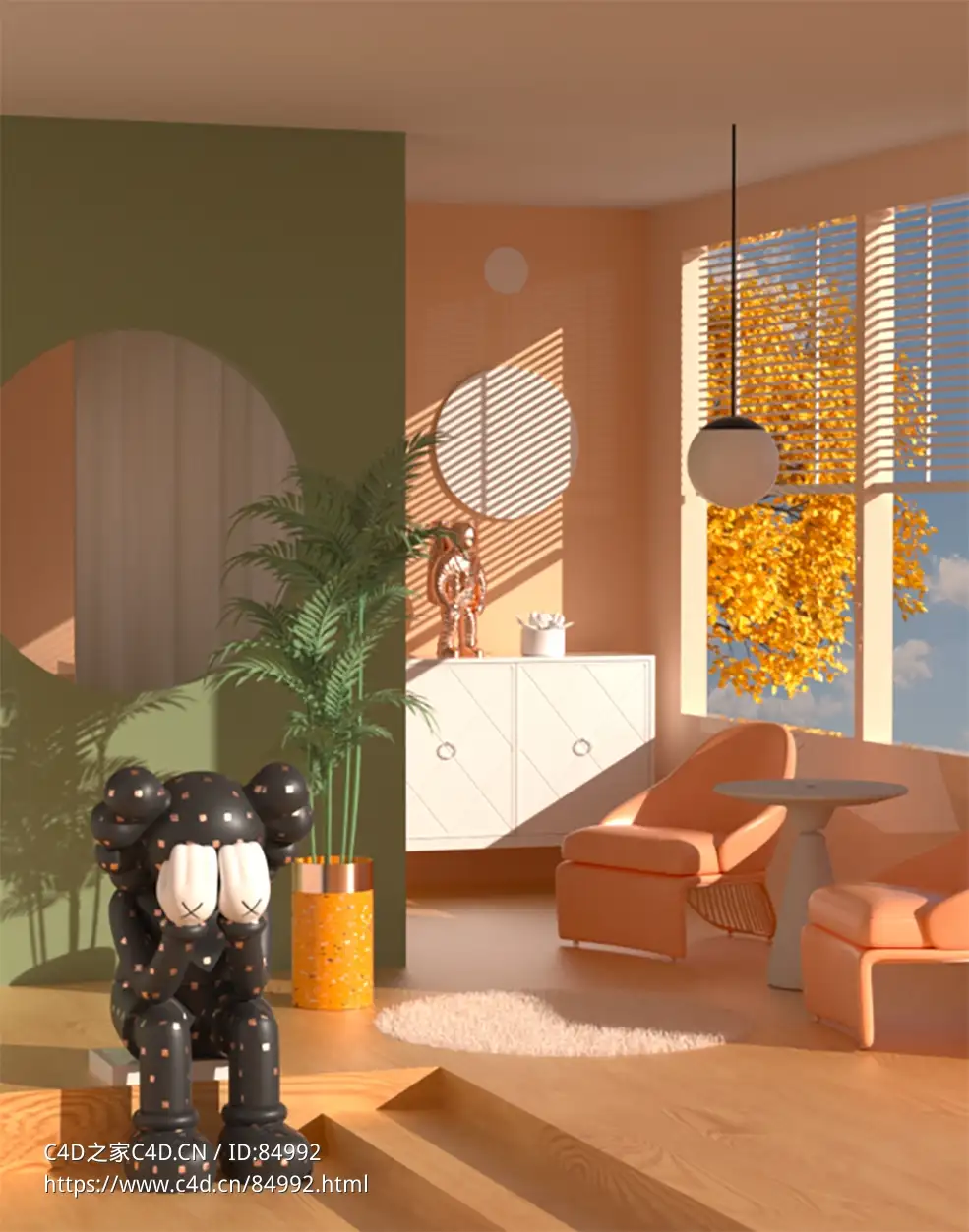 现代艺术与自然融合C4D OCTANE温馨橙绿色调打造的简约舒适都市居家空间模型