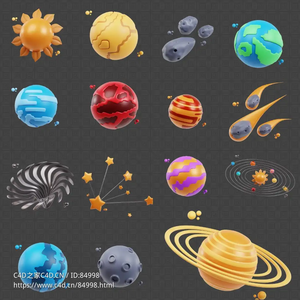 15个卡通动漫风格的星球3D图标模型Cartoon animation style planet model