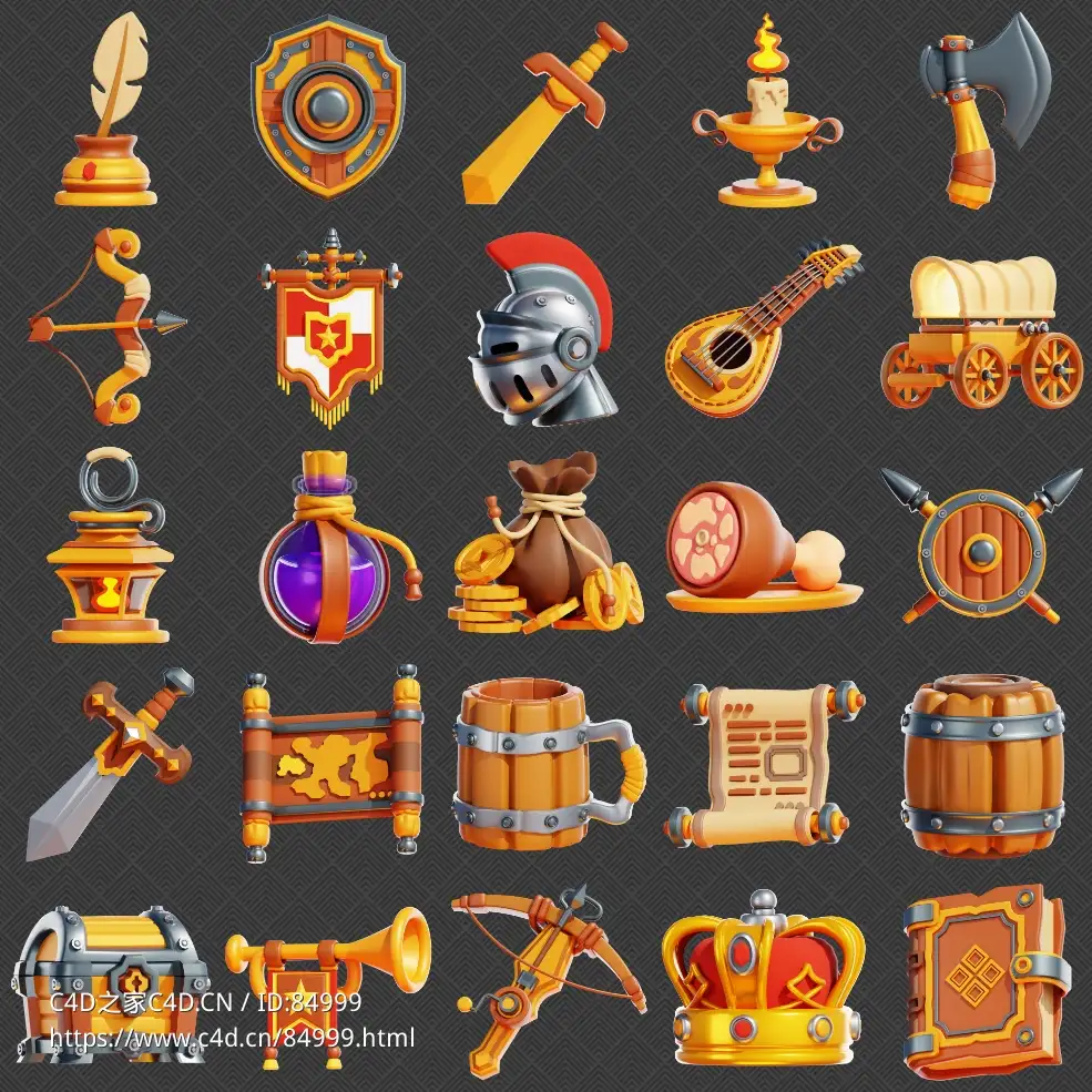 25个中世纪骑士装备卡通游戏道具c4d图标模型Medieval knights were equipped with cartoon game props