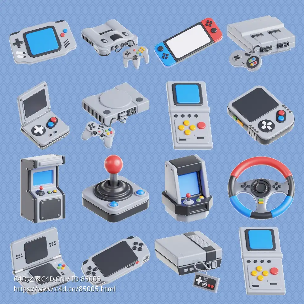 15个经典街机游戏设备卡通模型game equipment icons 3d model