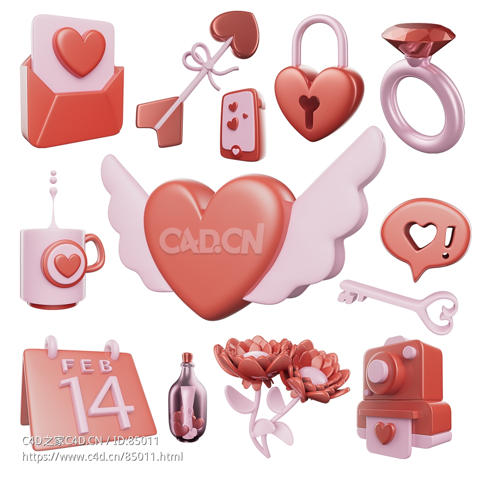 12个情人节3D卡通立体图标模型Valentine's Day 3D cartoon stereo icon