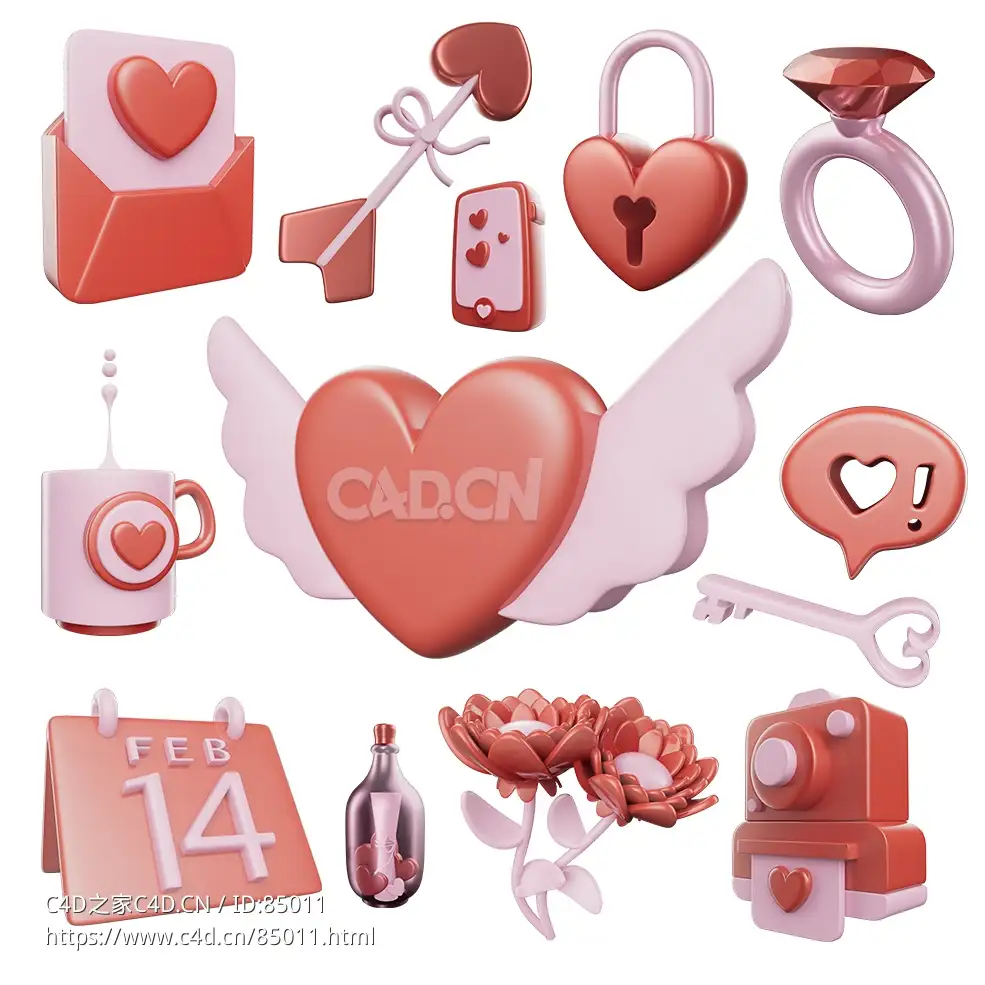 12个情人节3D卡通立体图标模型Valentine's Day 3D cartoon stereo icon