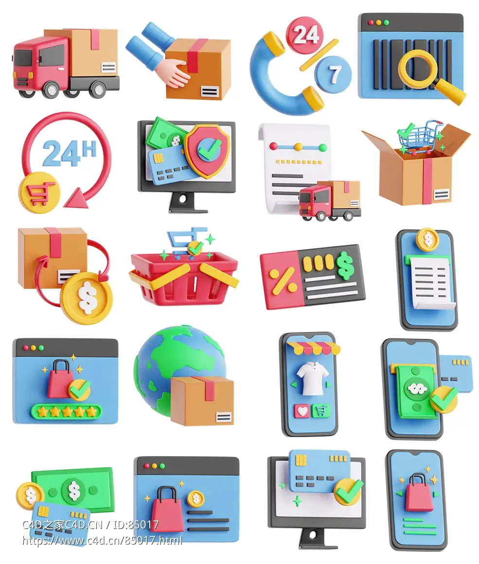 20个电商购物订单物流运输卡通3d图标模型E-commerce shopping order logistics transportation cartoon 3d icon