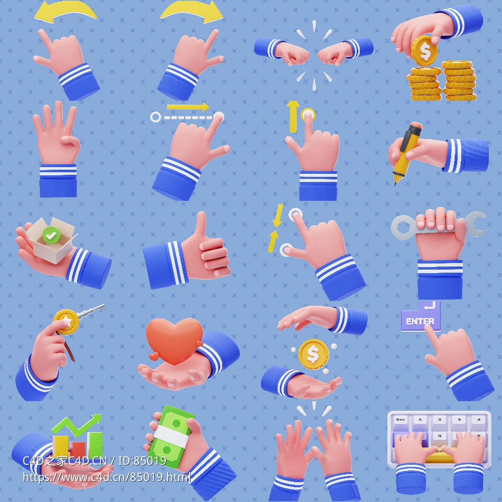 多彩智能时代的视觉语言：50款3D手势图标诠释现代交互与情感表达的创新设计C4D模型Cartoon hand gesture stereo model
