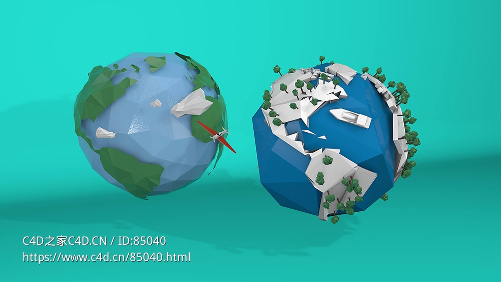 两个低面多边形地球c4d模型3D Model Low-Poly Earth Globe