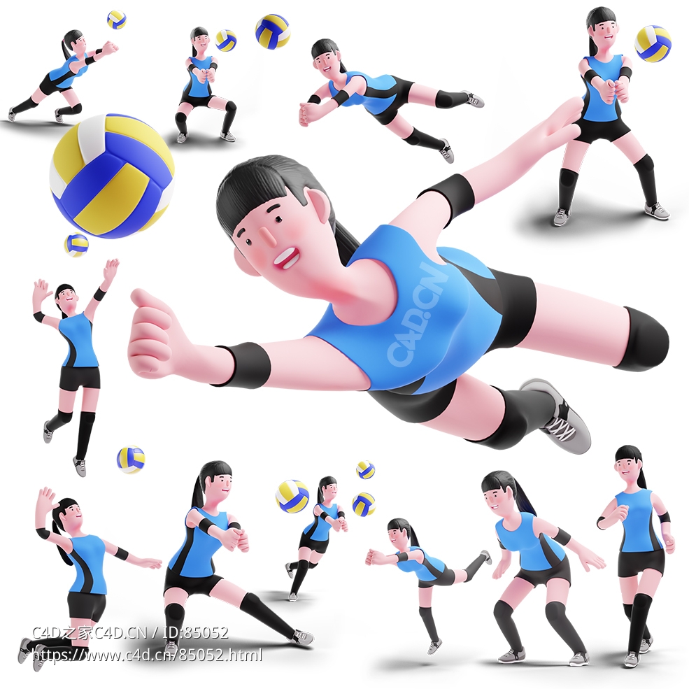 25个高质量排球运动女性角色三维模型合集素材包含全套动作贴图材质多格式源文件Volleyball