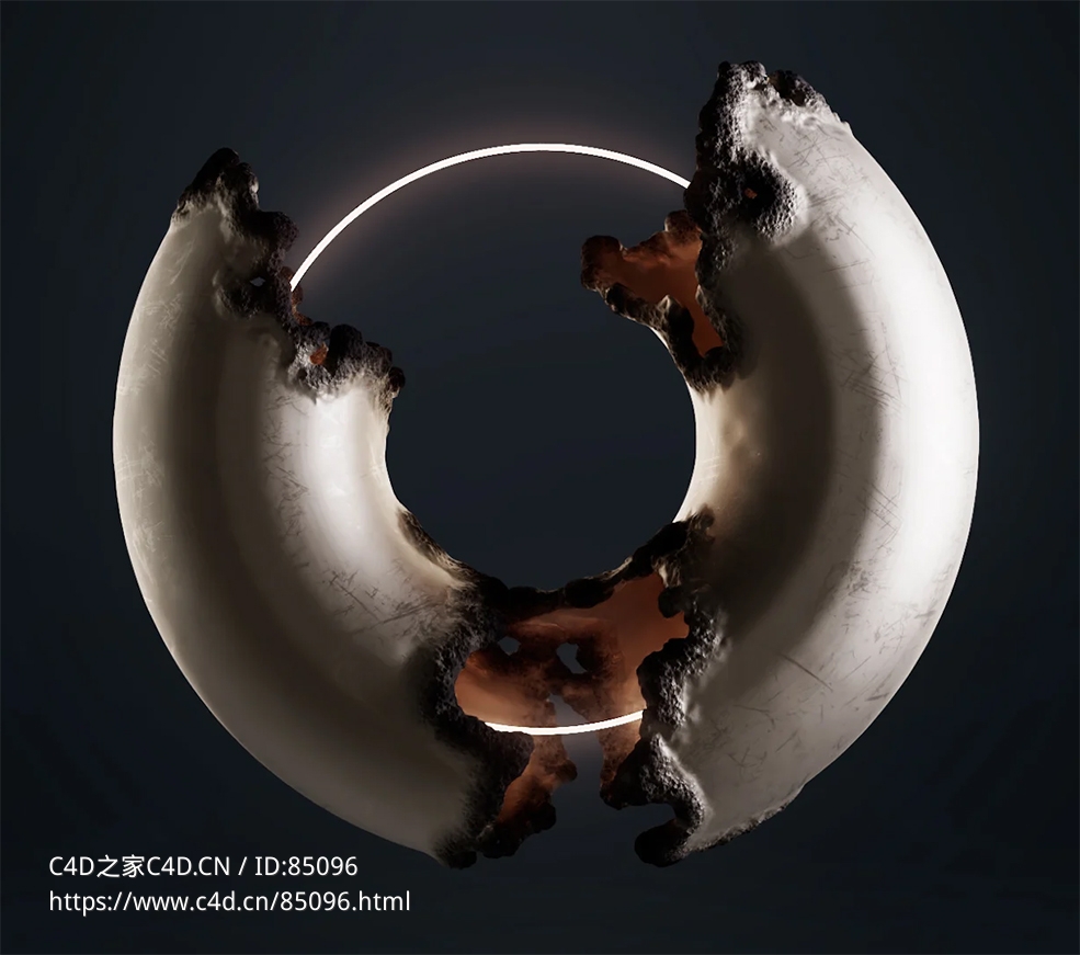 Cinema 4D圆环体积腐蚀燃烧特效工程文件含Scene Nodes节点预设和Redshift渲染材质3D素材