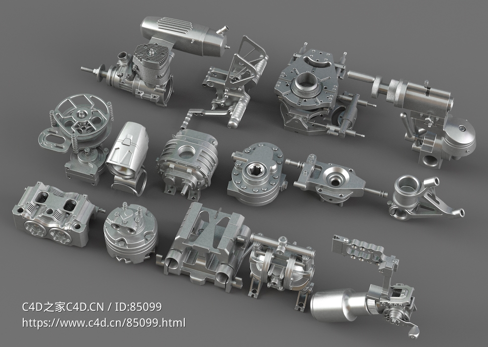 工业机械精细硬表面发动机零件组合3D模型素材合集-15个写实金属机械部件模型