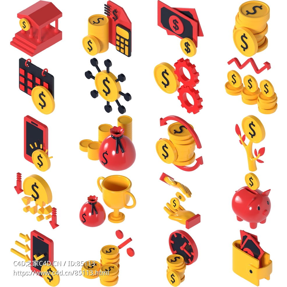 高质量金融理财3D图标素材20个立体等距视角银行支付储蓄货币图标C4D模型素材