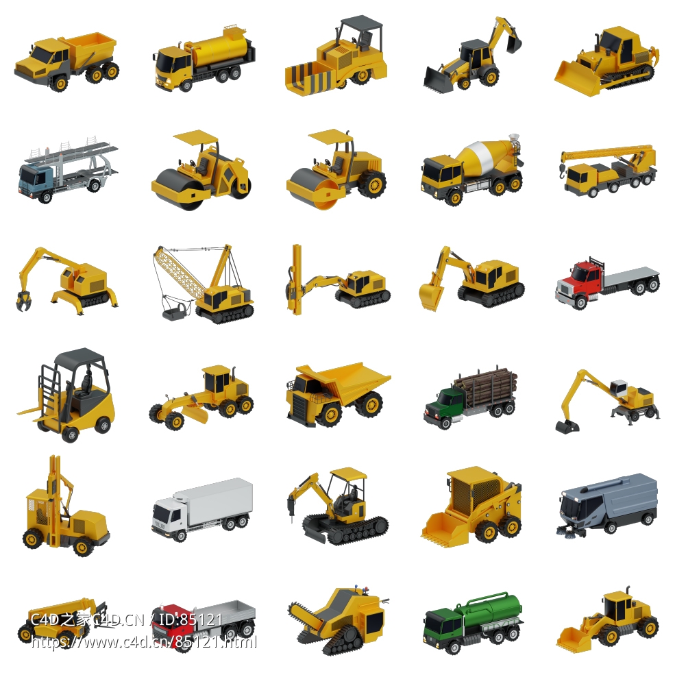 30个卡通风格工程车挖掘机推土机运输车施工车辆C4D FBX OBJ三维模型素材 - C4D之家 - 未标题.jpg