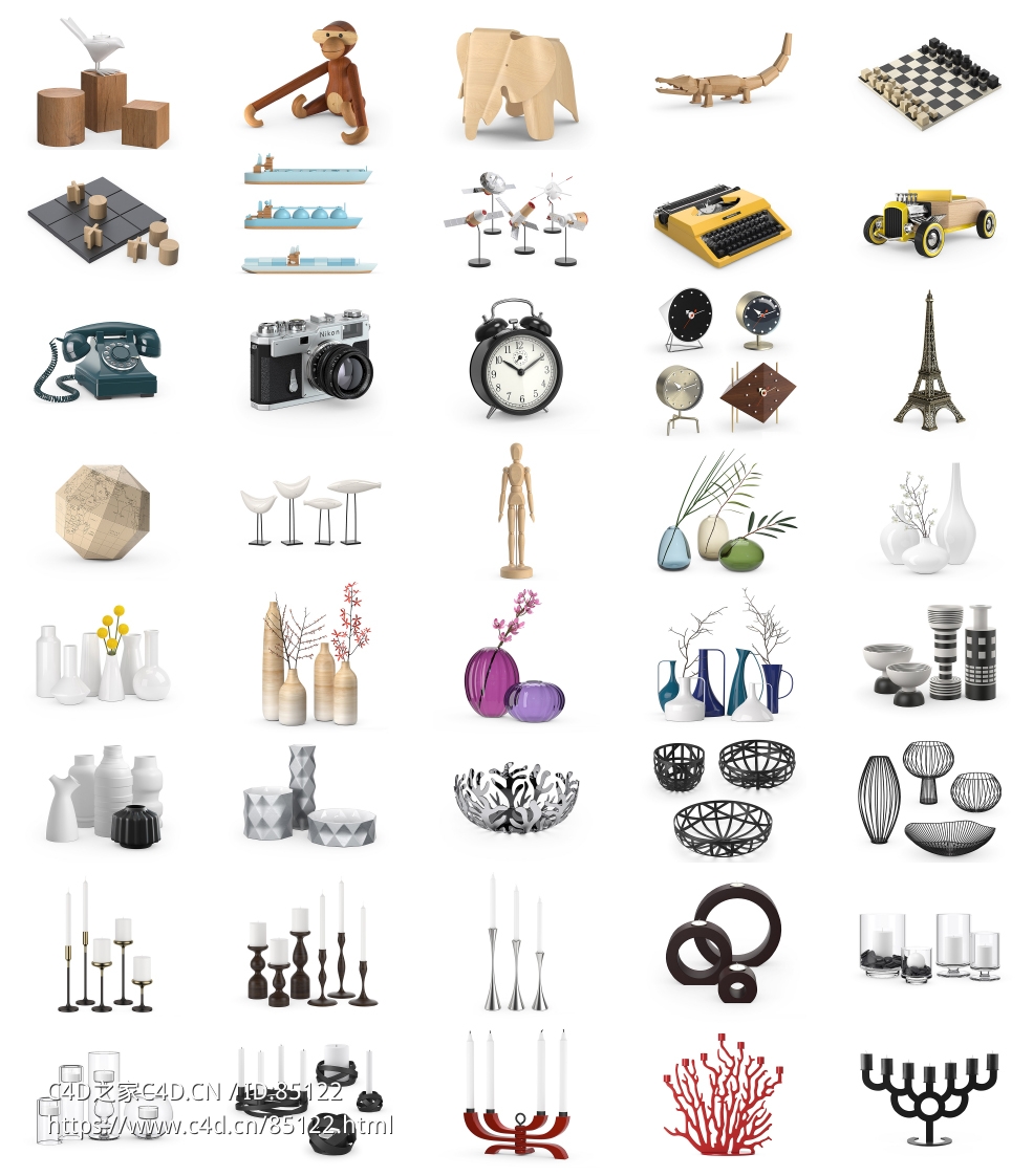 40个北欧现代简约家居装饰品3D模型合集/花瓶烛台摆件道具艺术品C4D素材