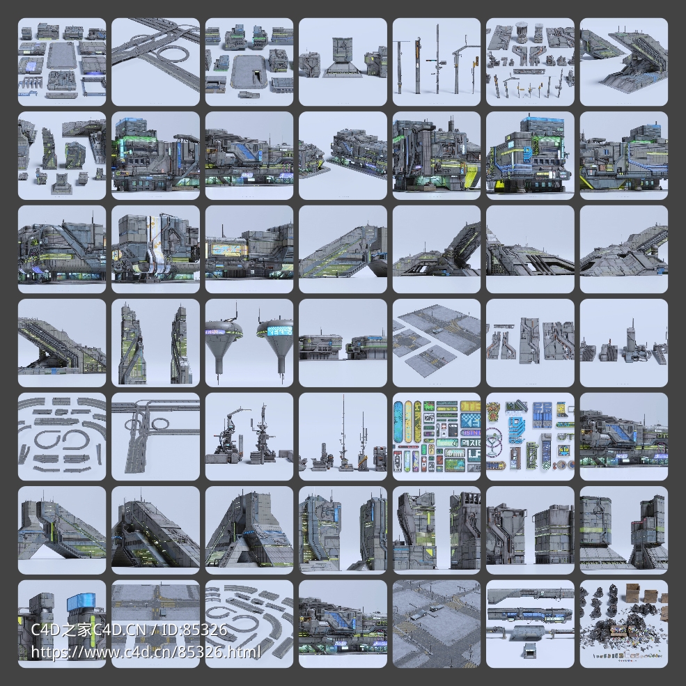 未来都市霓虹闪烁：高细节赛博朋克建筑汽车街道3D模型合集，打造你的反乌托邦世界BigMediumSmall - CYBERPUNK - C4D之家 - photo-collage(1).jpg