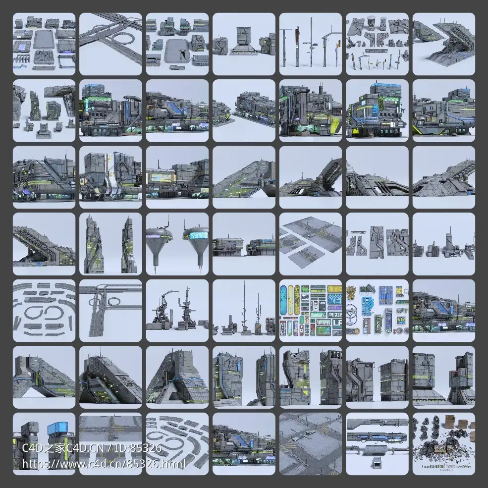 未来都市霓虹闪烁：高细节赛博朋克建筑汽车街道3D模型合集，打造你的反乌托邦世界BigMediumSmall - CYBERPUNK - C4D之家 - photo-collage(1).jpg