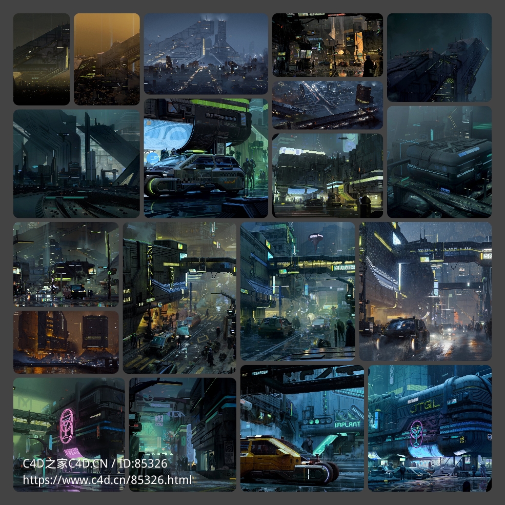 未来都市霓虹闪烁：高细节赛博朋克建筑汽车街道3D模型合集，打造你的反乌托邦世界BigMediumSmall - CYBERPUNK - C4D之家 - photo-collage.jpg