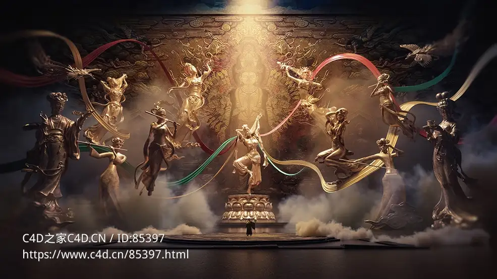 敦煌风格飞天舞动佛像神庙场景国风C4D工程文件3D模型动画工程源文件含材质贴图