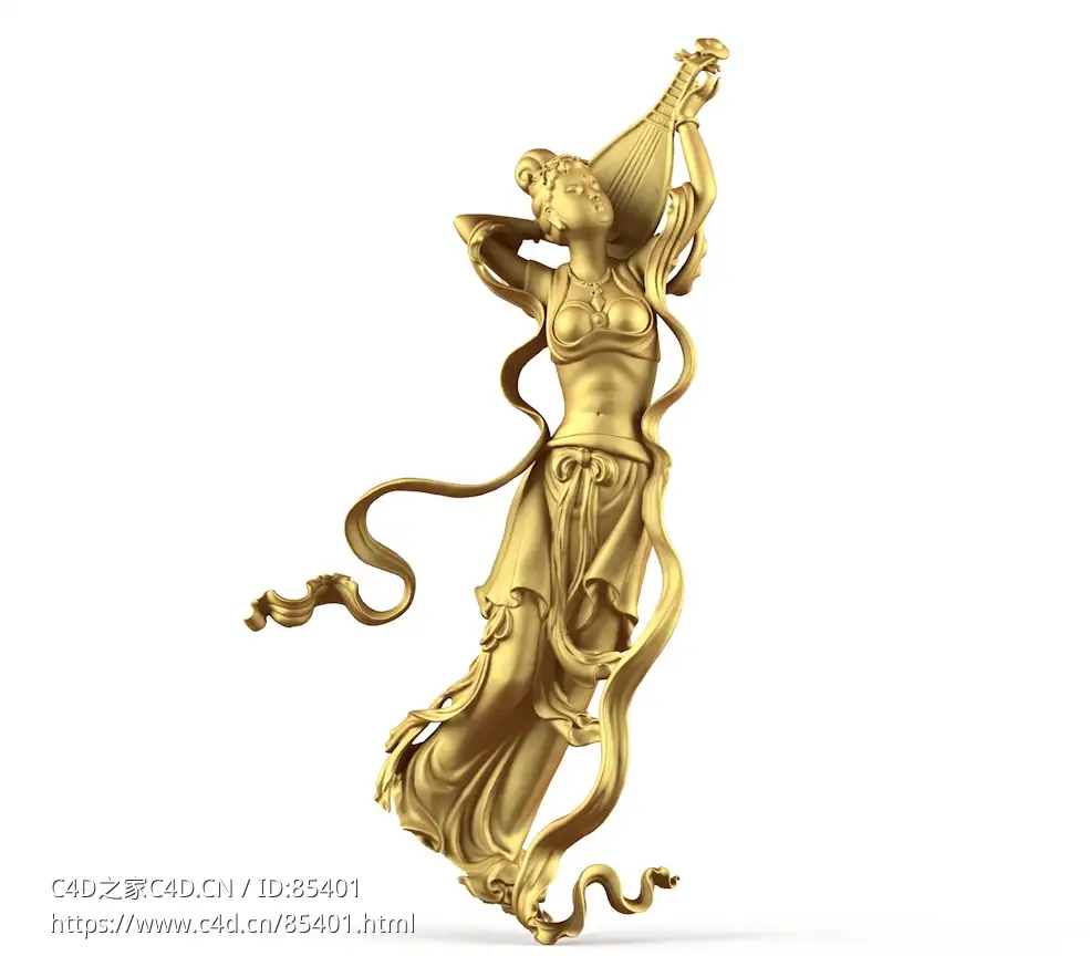 【古风佛教飞天仙女弹琵琶人物雕像】场景布置工艺品3D模型设计素材