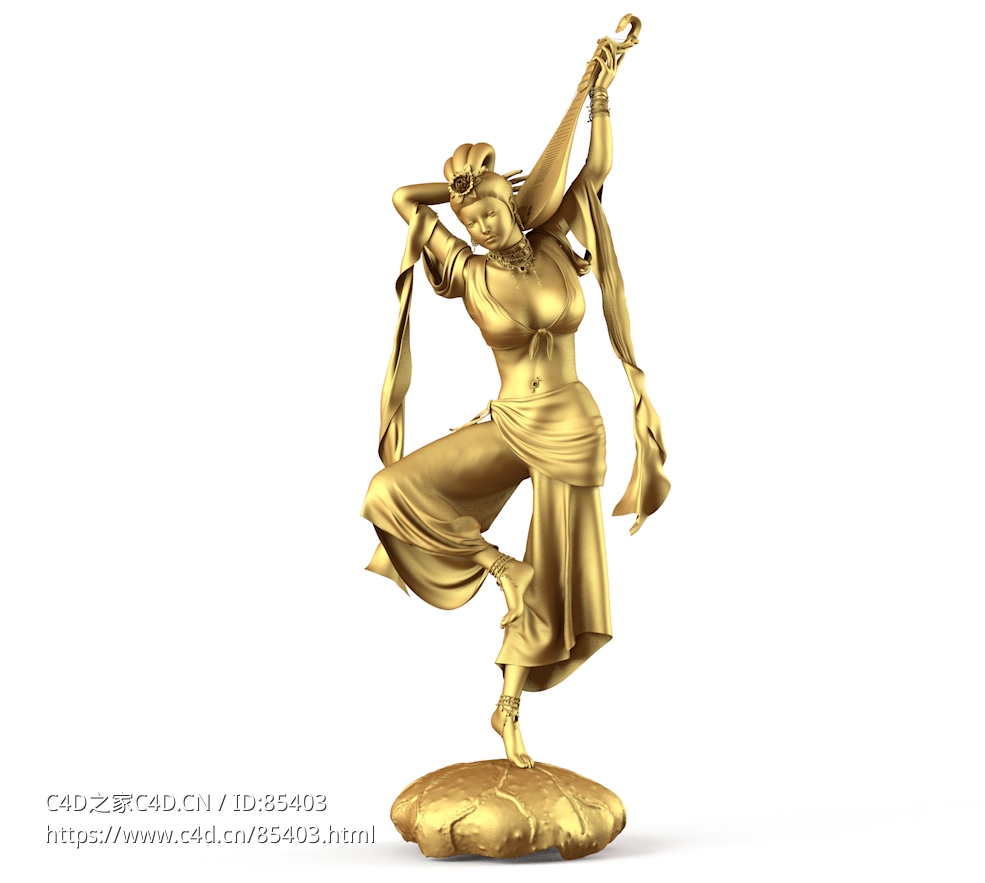 神韵敦煌 | 3D飞天伎乐天女仙女舞姿金色人物雕塑模型C4D/fbx/OBJ艺术装饰摆件佛教文化艺术品