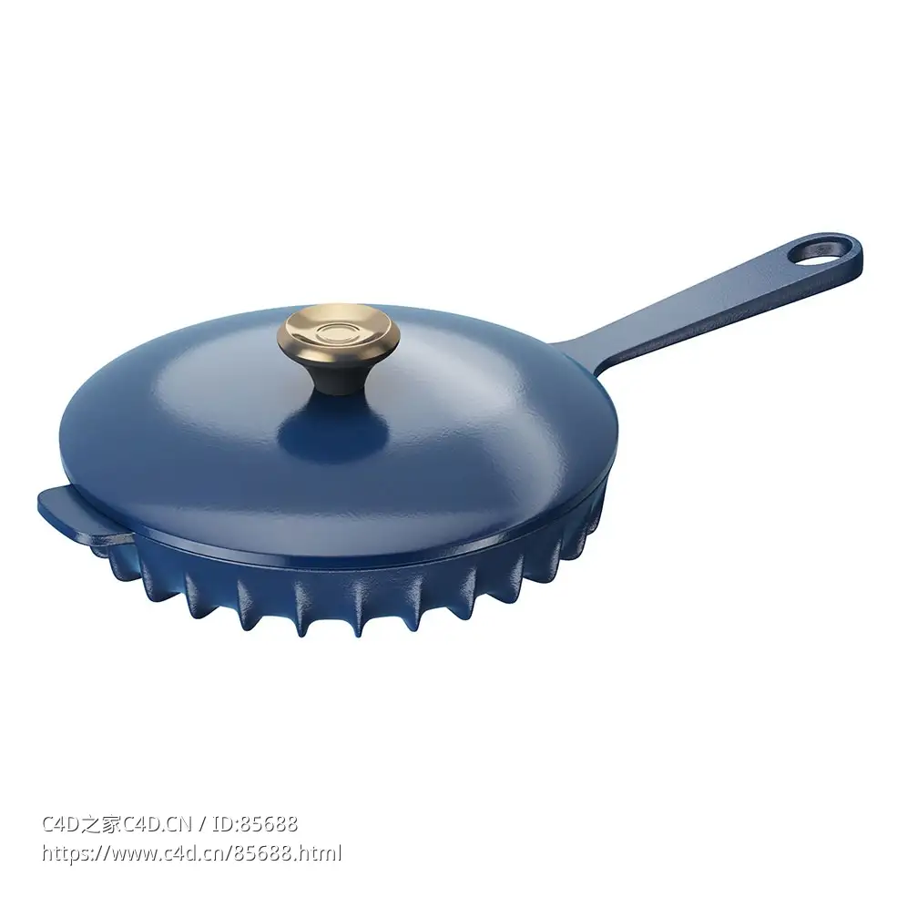 蓝色带盖平底锅厨房炊具3D模型素材下载Blue Skillet Pan with Lid by Fireup