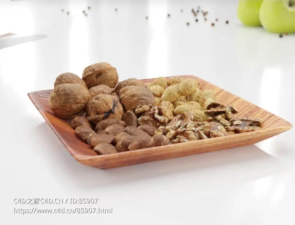 【超写实】木质方形托盘核桃花生杏仁干果拼盘C4D模型 坚果零食健康食品静物展示3D素材