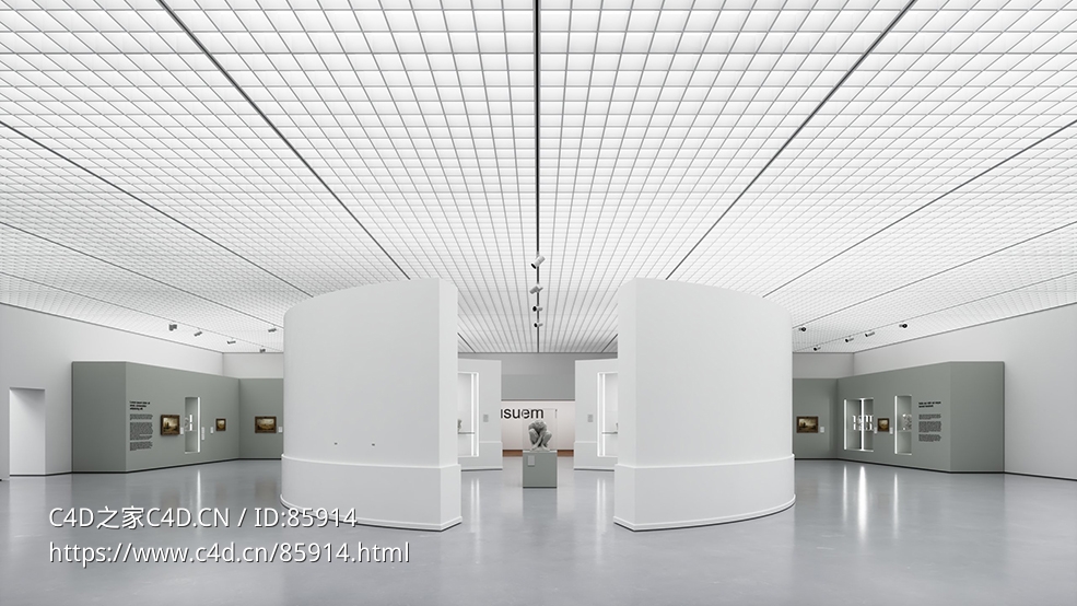极简主义网格天花板美术馆C4D模型 现代艺术展厅空间高质量Vray渲染场景下载