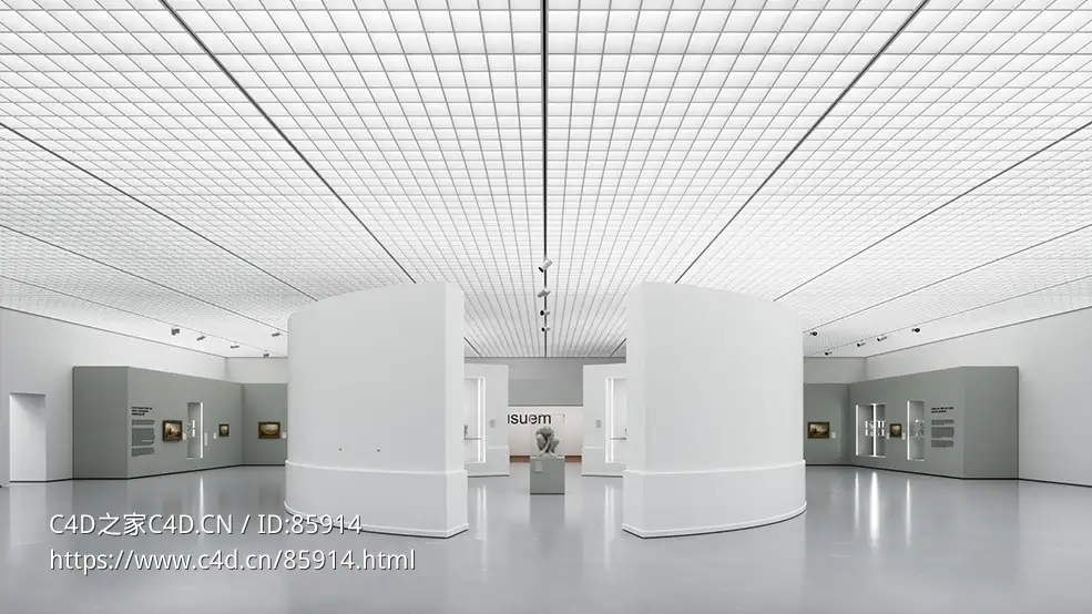 极简主义网格天花板美术馆C4D模型 现代艺术展厅空间高质量Vray渲染场景下载