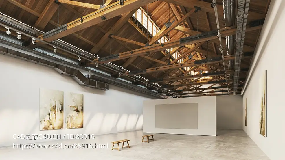 【C4D模型】工业风现代艺术展厅画廊空间设计 木质桁架屋顶结构 Vray高质量渲染效果图 艺术馆室内场景