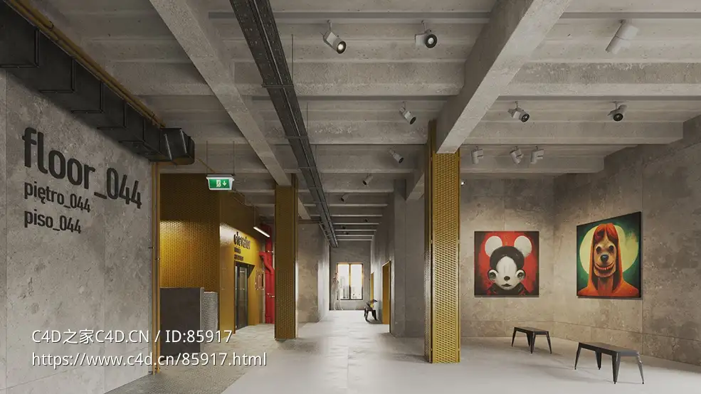 现代抽象画展厅C4D模型下载，适用于艺术展示与空间设计，高品质V-Ray渲染，包含贴图材质