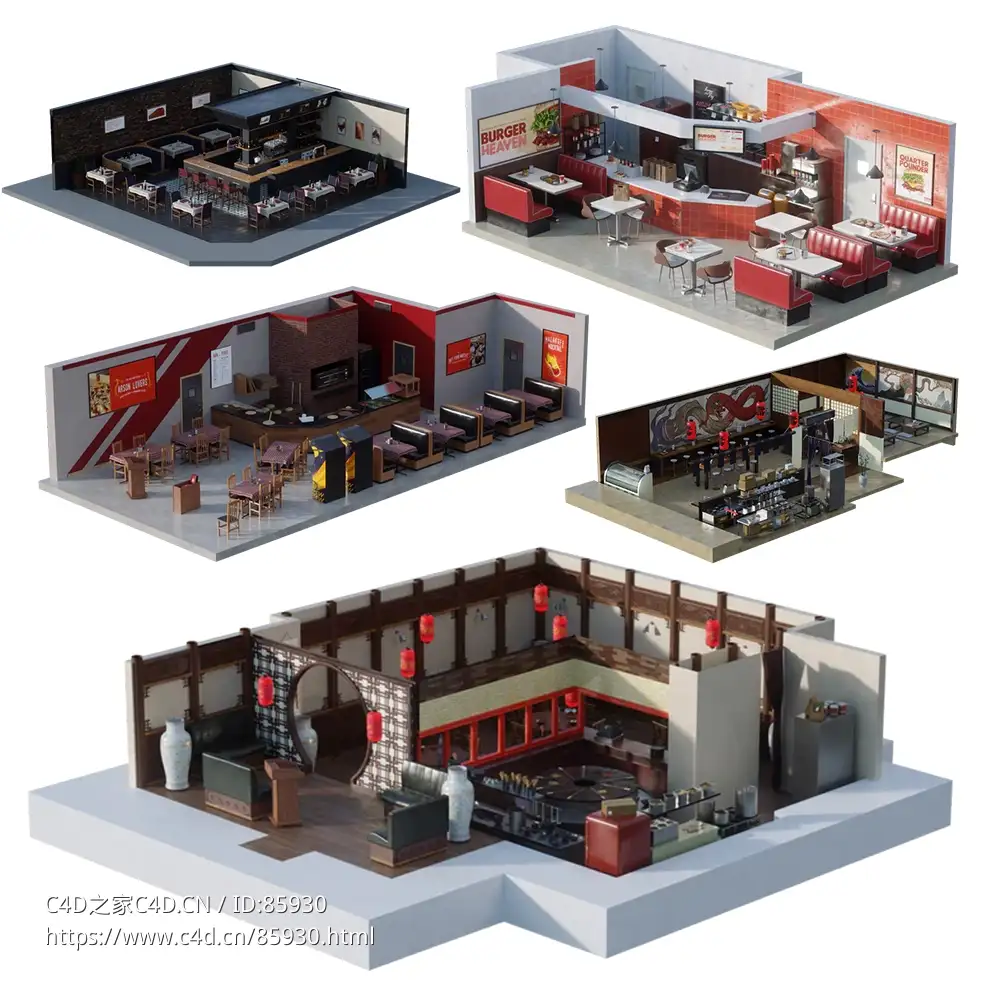 5组精品餐厅场景3D模型合集 | 含中式餐厅/美式快餐/寿司店/酒吧场景KitBash3D - Restaurants