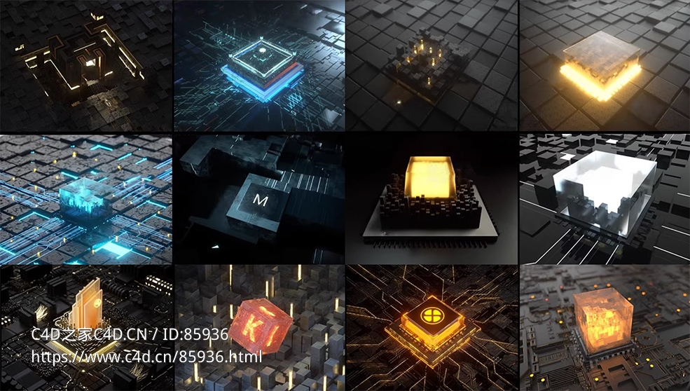 【极致科幻】未来科技芯片场景C4D工程合集 12个高精度发光处理器模型