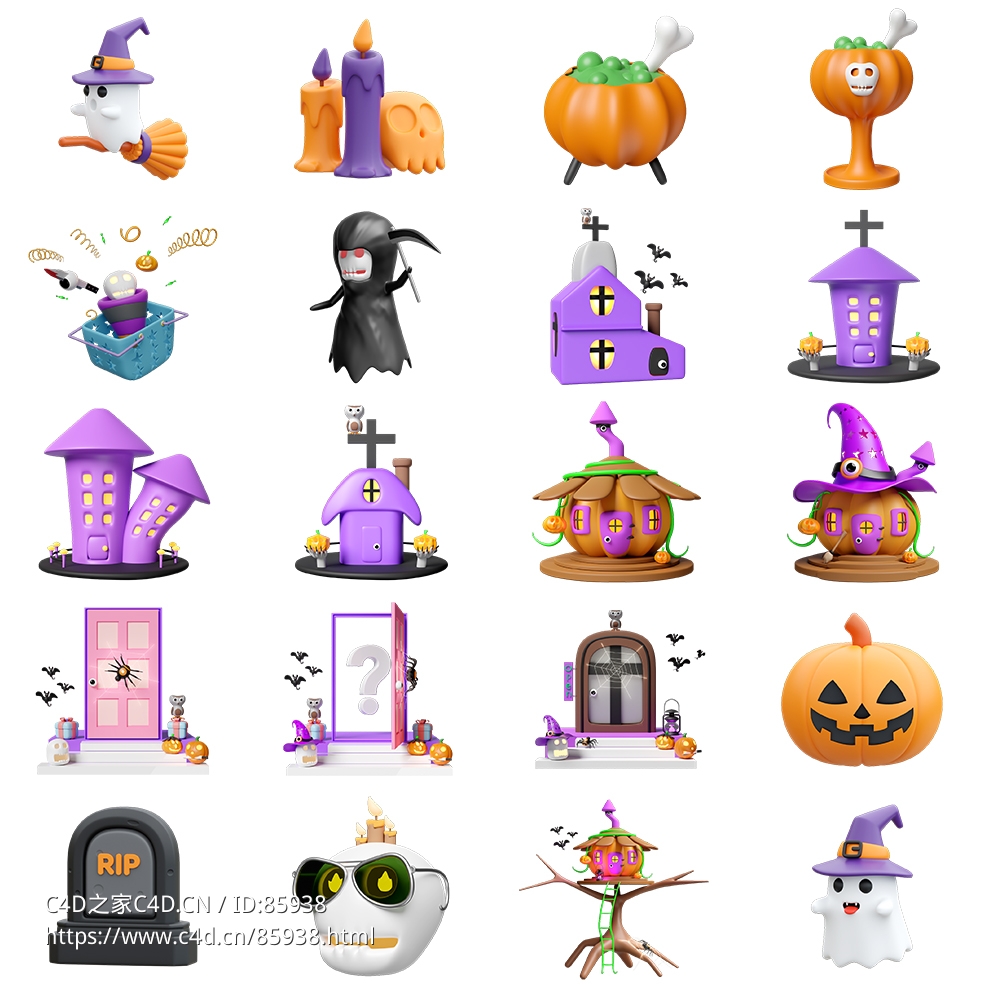 高质量万圣节3D模型素材包 | 20个精美元素带贴图材质 | 支持多种格式.c4d .blend .fbx .obj