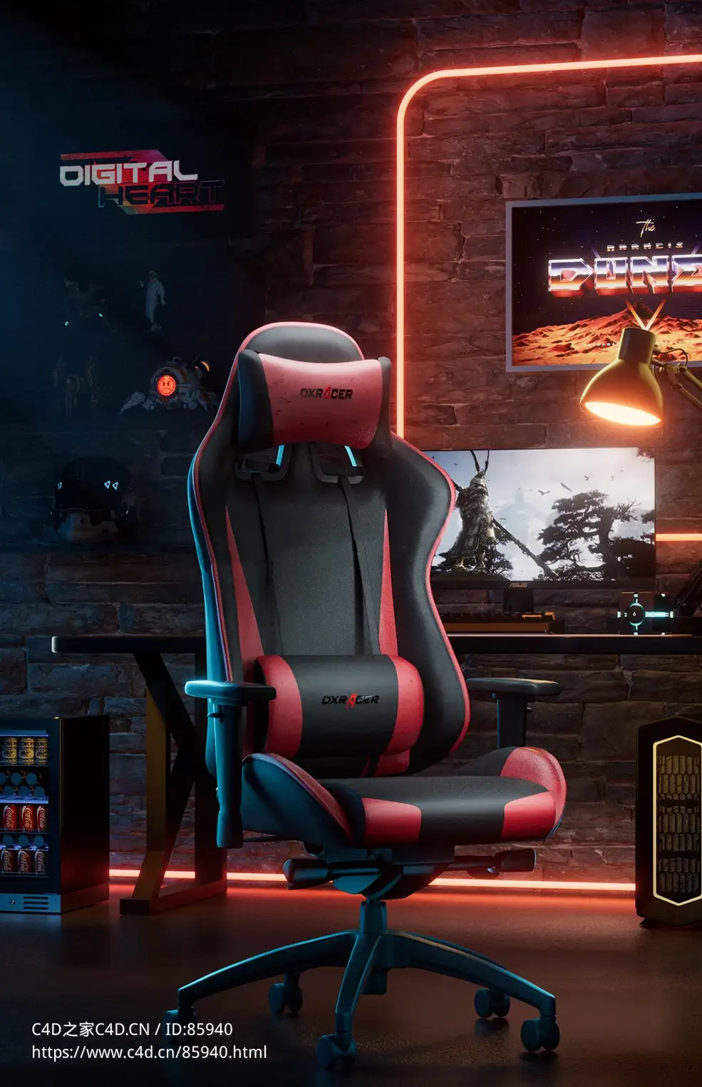 【C4D高精度电竞椅】DXRacer游戏赛车椅Octane渲染电商3D模型含游戏房间环境灯光材质齐全