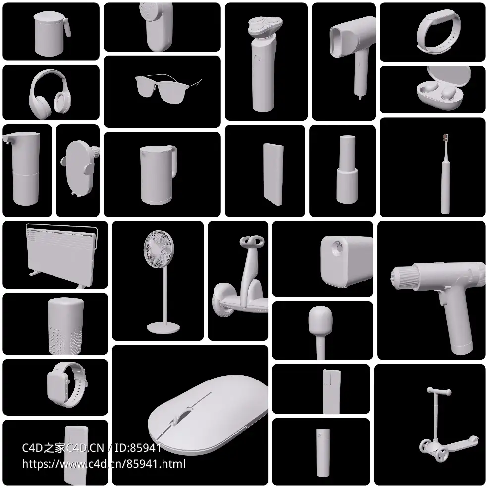 小米米家电子产品3D模型合集，27款家电电子产品C4D白模下载，全场景通用3D素材
