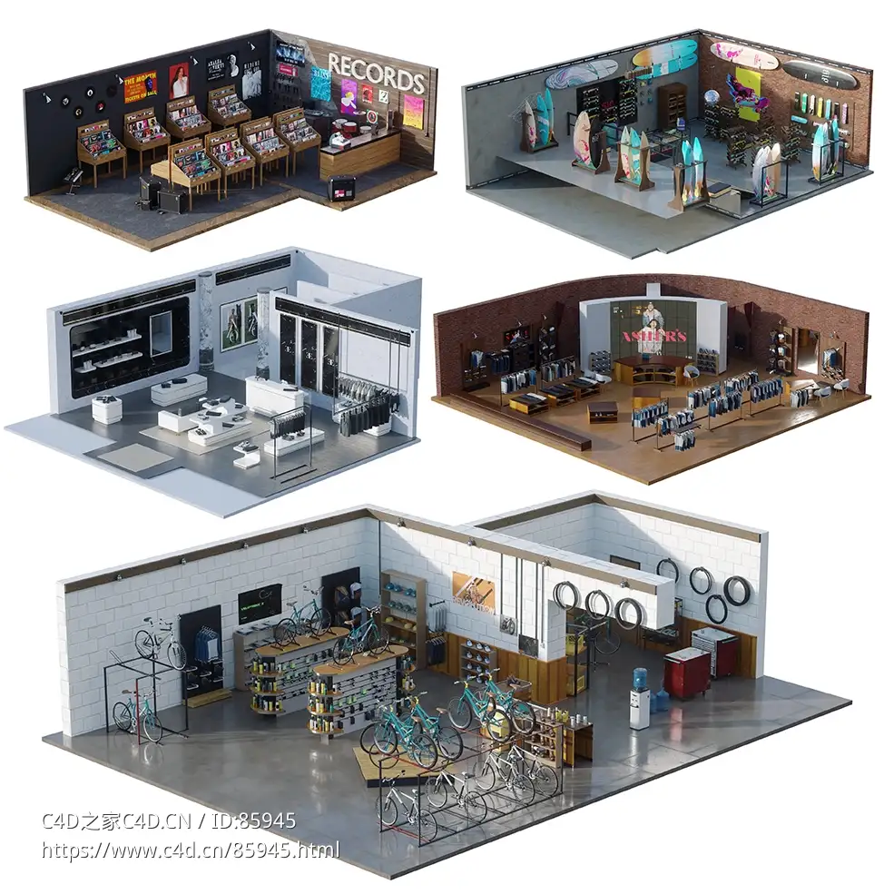 【高精度商业零售店铺室内场景C4D模型合集】5款精细商店内部空间设计含服装店音乐店自行车店KitBash3D - Retail Stores - C4D之家 - 55.jpg