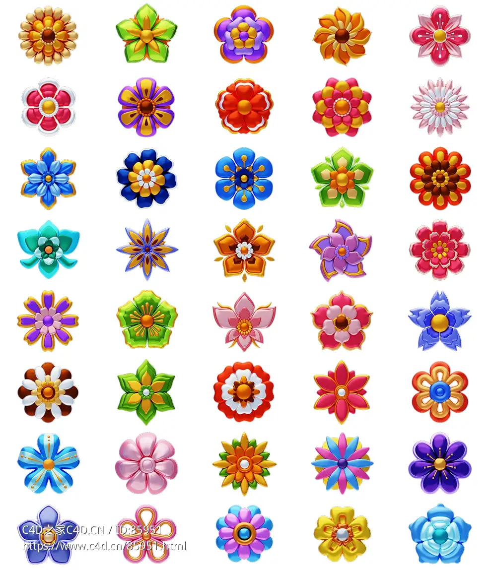 卡通花朵模型素材合集：40款创意花朵，点亮你的3D世界！