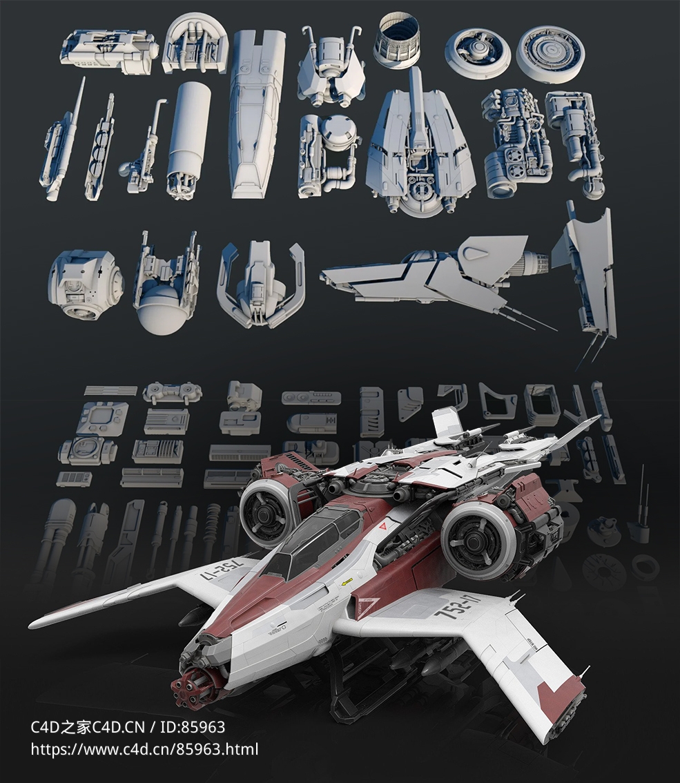 科幻太空飞船战舰零部件3D模型合集|高精度模块化宇宙飞行器设计资源包Spaceship Kitbash Kit