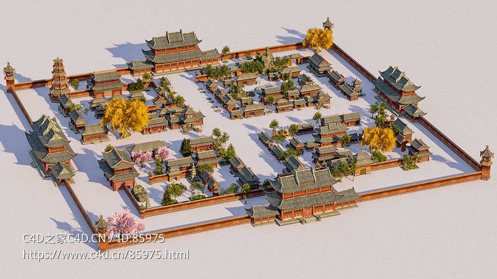 中国风古代四合院塔楼亭台楼阁3D场景C4D模型