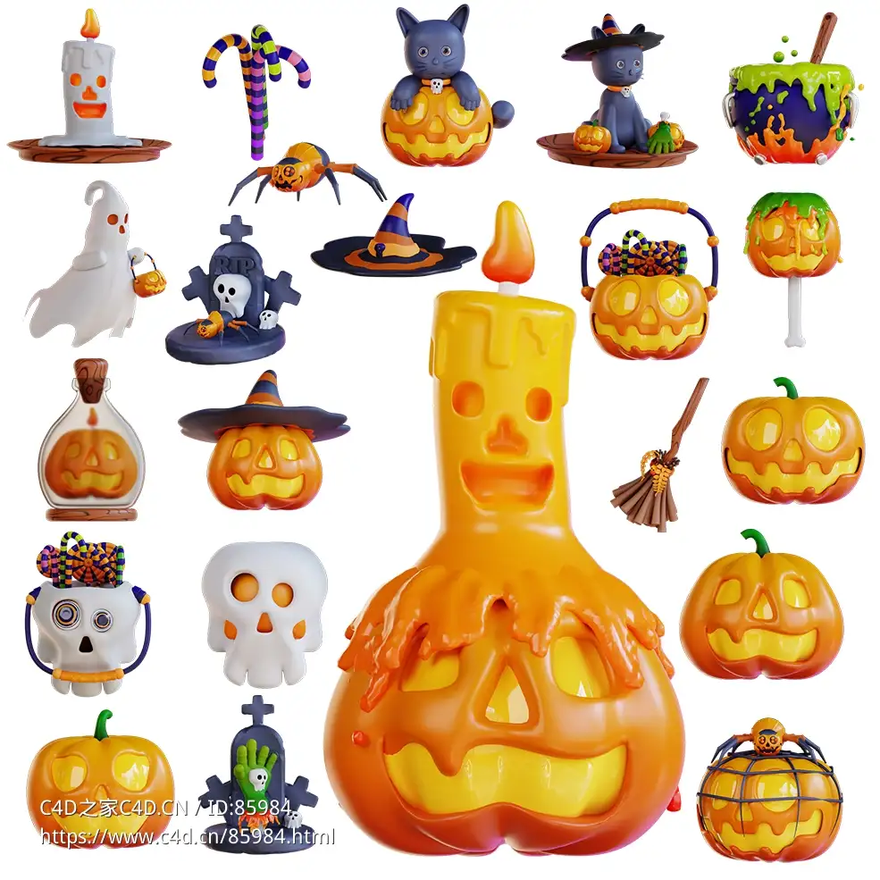 22组万圣节卡通三维模型大全C4D格式高精细节Halloween 3d icons