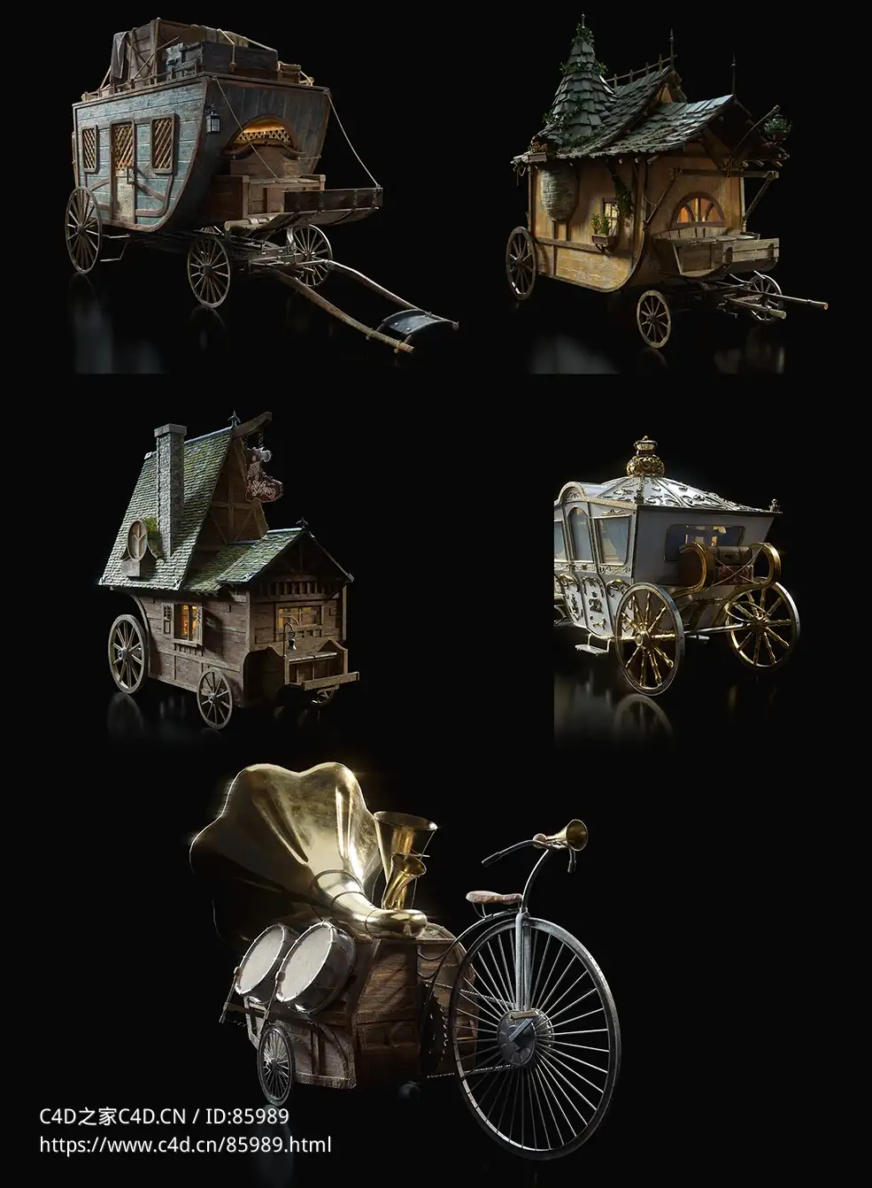 【高品质】KitBash3D奇幻魔法旅行车辆3D模型集 - 支持多格式下载(.blend/.c4d/.obj)Enchanted Vehicles - C4D之家 - 1.jpg